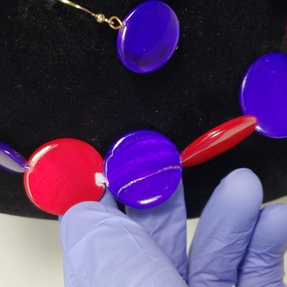 Gold tone Red & Blue Discs Beaded Statement Necklace, Matching Earrings - Women - Picture 5 of 6